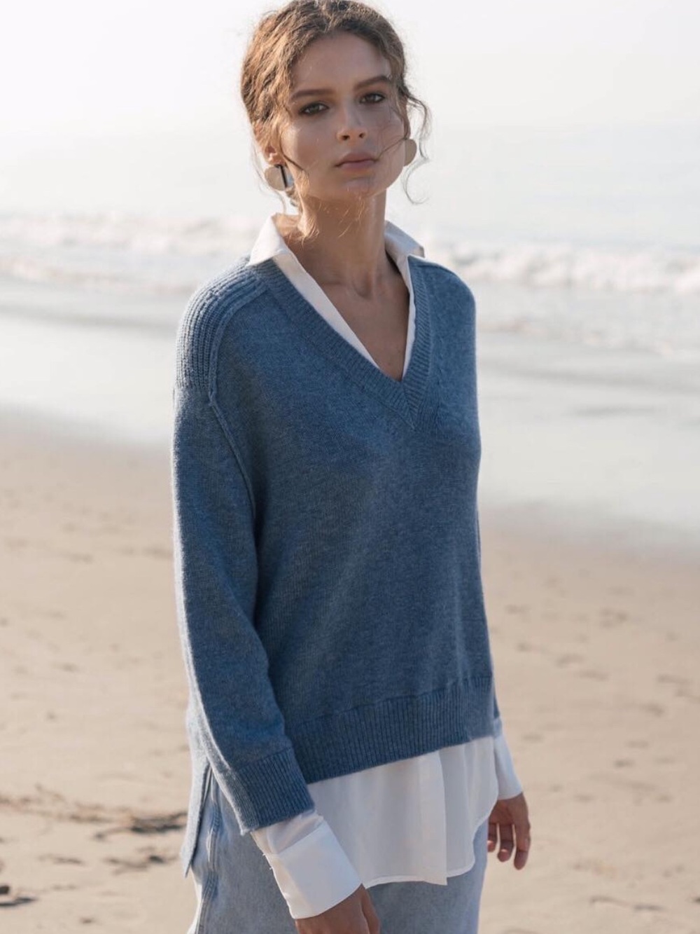 Brochu Walker The Looker Layered V-Neck Blue Melange Cashmere Sweater Small